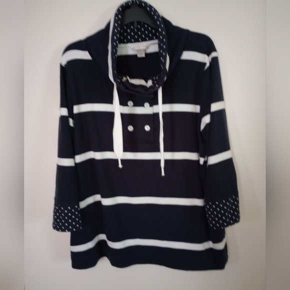 BLACK/WHITE STRIPED & DOTS PULLOVER SHIRT, 3/4 SLEEVE, BY CHRISTOPHER &BANKS, XL - Picture 2 of 3